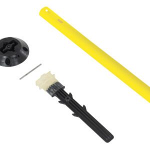 Image featuring three objects: a black round base with screws, the Vestil Permanent Sign Post W/Base 36 X 2 Yellow, and a black-beige multi-part plastic piece, all neatly arranged on a white background.