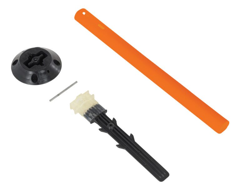 A set of items includes a Vestil Permanent Sign Post with a round black base, an orange 48x2 rod, a small metal pin, and a black/translucent plastic piece with prongs, all arranged on a white background.