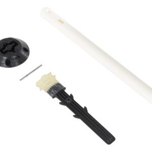 Ceiling fan parts, including a white rod, black bracket, pin, and base, are displayed on a white background, echoing the simplicity of the Vestil Permanent Sign Post W/Base 48 X 2 White.