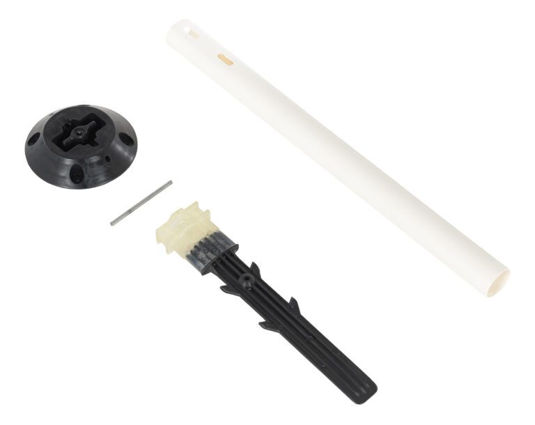 FSP-48-W-PS_A.jpg Ceiling fan parts, including a white rod, black bracket, pin, and base, are displayed on a white background, echoing the simplicity of the Vestil Permanent Sign Post W/Base 48 X 2 White.