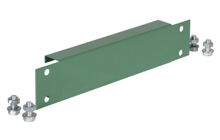 FSR-12_A.jpg The green metal U-shaped bracket, similar to a Vestil Pallet Racking-Frame Spacer 12 In, has four holes and is accompanied by six silver bolts and nuts. It sits on a white background, highlighting its sturdy design ideal for robust applications.