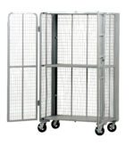 The Vestil Folding Security Truck 2000 Lb Capacity is a wheeled metal storage cage with a wire mesh design, open doors, and two sturdy interior shelves.