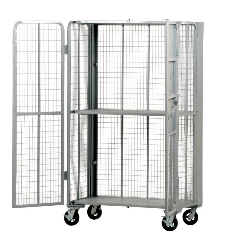 FST-2744-2_A.jpg The Vestil Folding Security Truck 2000 Lb Capacity is a wheeled metal storage cage with a wire mesh design, open doors, and two sturdy interior shelves.