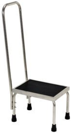 The Vestil Stainless Steel Foot Stool W/Handrail boasts a minimalist silver frame, a black non-slip platform, rubber-tipped feet for stability, and a side handle for added support.