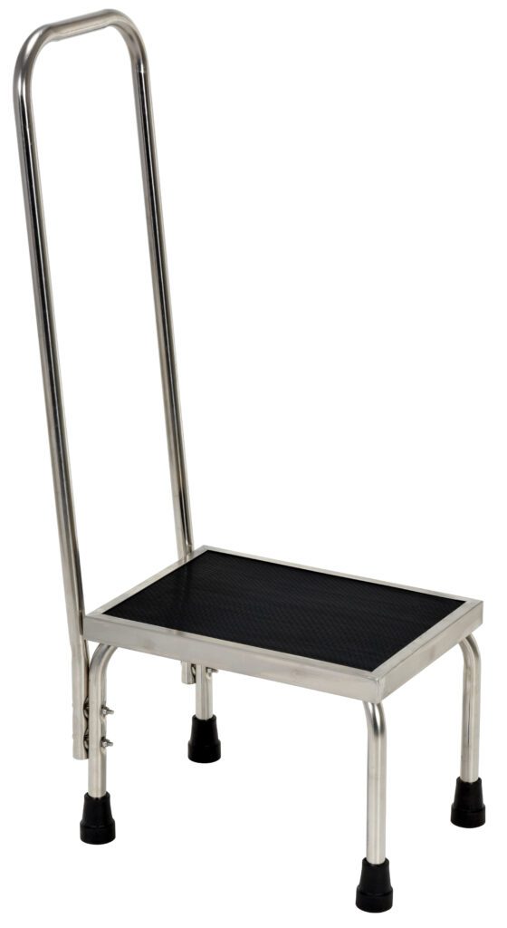FT-SS-1HR_A.jpg The Vestil Stainless Steel Foot Stool W/Handrail boasts a minimalist silver frame, a black non-slip platform, rubber-tipped feet for stability, and a side handle for added support.