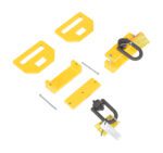 A yellow door lock installation kit with plates, locks, screws, and an Allen wrench on a white background is as essential for secure fastening as the Vestil Forklift Tie-Down Clamps.