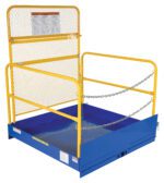 The Vestil Fork Truck Loading Platform W/Handrails, available in blue and yellow, has mesh barriers, a chain-secured gated entrance, and a top safety notice. Designed for forklift attachment, it ensures security during elevated tasks.