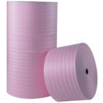 Two large rolls of MH-USA 1/4 x 18 x 250 (4) Anti-Static Air Foam are displayed—one upright and one horizontal. The translucent pink material reveals a textured surface, offering protection and reliability at 250 feet per roll.