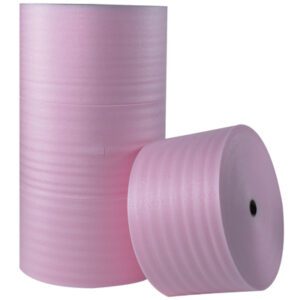 Two large rolls of MH-USA 1/8 x 12 x 550 Anti-Static Air Foam are shown, one upright and the other leaning against it. The smooth-textured foam with even layers, totaling 550 per roll, is ideal for packing or insulation.