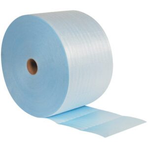 A large blue industrial paper roll, similar to MH-USA 1/16 x 24 x 625 (2) Cohesive Air Foam Rolls, features an unwound section revealing its slightly textured design for heavy-duty use, positioned upright with the unwound part extending towards the bottom right.