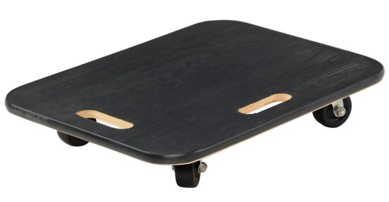 The Vestil Fiber Wood Dolly W/Rubber Caster 18 x 24 features a sleek black wooden design with rubber casters, four small wheels, and two cut-out handles, making it ideal for effortlessly moving heavy objects.