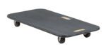 The Vestil Fiber Wood Dolly W/Rubber Caster 18 X 36 features a flat rectangular design with two cut-out handles and four rubber casters. Its smooth surface and rounded edges ensure easy maneuverability, making it reliable for transportation.