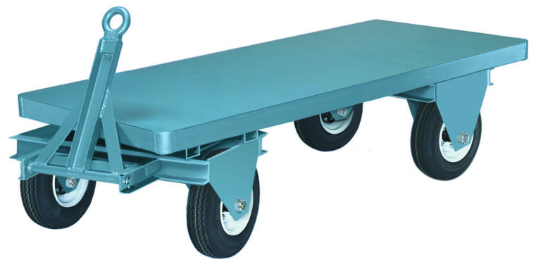 FWST-36-4PNU_A.jpg The blue flatbed utility cart mirrors the sturdy design of the Vestil Fifth Wheel Towable Trailer 4.5K 36W Pnu with four large black wheels and a front pulling handle, making its plain surface perfect for transporting heavy materials efficiently.