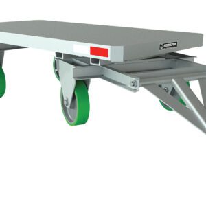 The Vestil Fifth Wheel Towable Trailer 5K 36W Poly features a green heavy-duty dolly with a flat rectangular platform, four large wheels, hitch for towing, and red and white reflectors for enhanced visibility and performance.