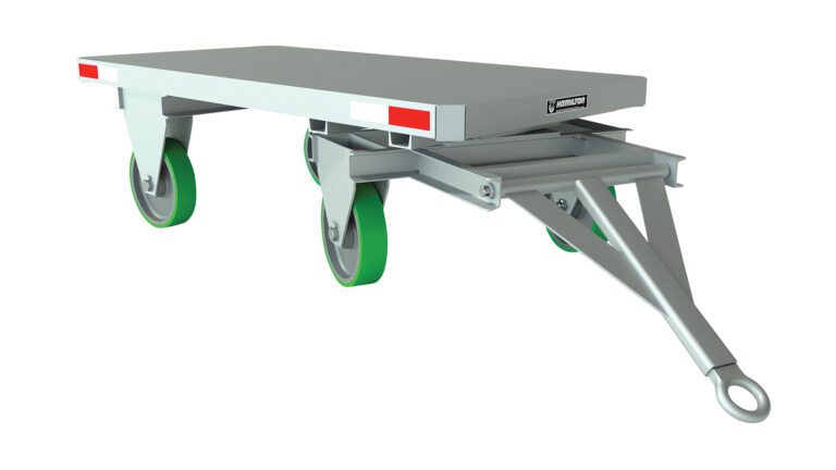 The Vestil Fifth Wheel Towable Trailer 5K 36W Poly features a green heavy-duty dolly with a flat rectangular platform, four large wheels, hitch for towing, and red and white reflectors for enhanced visibility and performance.