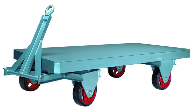 FWST-48-10PNU_A.jpg The Vestil Fifth Wheel Towable Trailer 10K 48W Pnu perfectly complements this blue industrial dolly, featuring a flat platform and red swivel wheels. With a metal steering handle, its ideal for transporting heavy items efficiently in any workspace.
