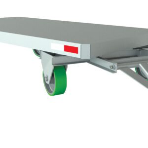 The Vestil Fifth Wheel Towable Trailer 10K 48W Poly features a flat gray design with green wheels, a triangular tow bar, and red and white reflective strips along the sides and end, accentuating its robust industrial build for enhanced functionality in various settings.