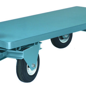 The Vestil Fifth Wheel Towable Trailer 4.5K 48W Pnu is a blue flatbed cart with four black rubber wheels and a metal handle for easy maneuvering, designed to transport heavy items up to 4.5K and features durable steel construction ideal for any task.