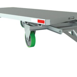 The Vestil Fifth Wheel Towable Trailer 5K 48W Poly is a durable metal freight trailer with a flatbed design on four green wheels, featuring a triangular tow bar and white/red reflective strips, ideal for easy load hauling.