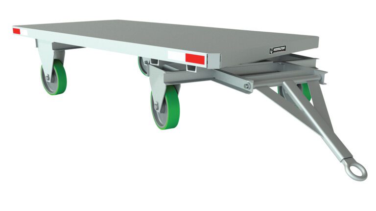 The Vestil Fifth Wheel Towable Trailer 5K 48W Poly is a durable metal freight trailer with a flatbed design on four green wheels, featuring a triangular tow bar and white/red reflective strips, ideal for easy load hauling.