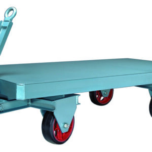 A sturdy blue metal platform trolley, with four red wheels and an angled handle, brings to mind a compact version of the Vestil Fifth Wheel Towable Trailer 10K 60W Pnu. It is ideal for heavy-duty material transport in industrial or warehouse settings.