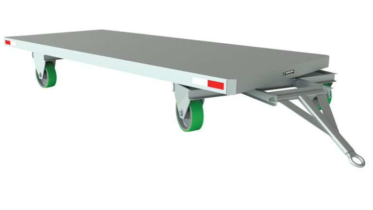 FWST-512-10P_A.jpg A flat, rectangular metal dolly with a tow bar handle and four green swivel wheels features red and white reflective side strips. This metallic gray surface is ideal for heavy items and resembles the versatile Vestil Fifth Wheel Towable Trailer 10K 60W Poly.