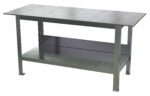The Vestil Fixture Welding Table, .50 thick top, 30 x 72 features a metallic surface, four sturdy legs, and an extra lower shelf for added storage, embodying minimalist and functional design.