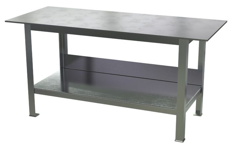 The Vestil Fixture Welding Table, .50 thick top, 30 x 72 features a metallic surface, four sturdy legs, and an extra lower shelf for added storage, embodying minimalist and functional design.