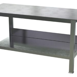 The Vestil Fixture Welding Table, .50 thick top, 30 x 72 features a metallic surface, four sturdy legs, and an extra lower shelf for added storage, embodying minimalist and functional design.