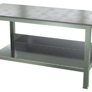 The Vestil Fixture Welding Table, .75 Thick Top, 30 X 72, boasts a smooth stainless steel surface and sturdy legs. Its full-length lower shelf provides ample workspace and storage, ensuring versatility in any setting.