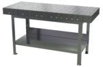 The Vestil Fixture Welding Table features a .25 perforated top measuring 30x72 inches, ideal for industrial or workshop use. It has a sturdy metallic frame with a lower shelf and evenly spaced holes for securely fastening tools or equipment.
