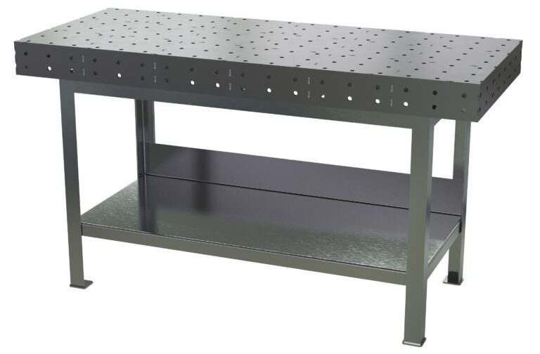 The Vestil Fixture Welding Table features a .25 perforated top measuring 30x72 inches, ideal for industrial or workshop use. It has a sturdy metallic frame with a lower shelf and evenly spaced holes for securely fastening tools or equipment.