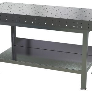 The Vestil Fixture Welding Table features a .25 perforated top measuring 30x72 inches, ideal for industrial or workshop use. It has a sturdy metallic frame with a lower shelf and evenly spaced holes for securely fastening tools or equipment.