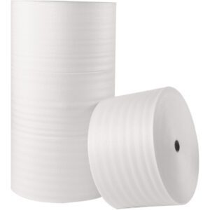 Two large MH-USA 1/16 x 24 x 900 Parcel Ready Air Foam Rolls are displayed; one is upright, and the other lies horizontally with its circular end visible. Both have a smooth texture and a central hole.
