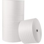 Two large MH-USA 1/8 x 24 x 350 Parcel Ready Air Foam Rolls are shown, with one upright and the other on its side. The textured foam has circular patterns, ideal for parcel protection in transit.