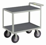 The Little Giant Instrument Cart with Hand Guard boasts a gray, two-tier design with sturdy hand guard and four black wheels. Its dark, non-slip shelves keep items secure during transport, making it an efficient solution for easy movement of supplies.