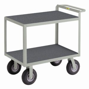 The Little Giant Instrument Cart with Hand Guard boasts a gray, two-tier design with sturdy hand guard and four black wheels. Its dark, non-slip shelves keep items secure during transport, making it an efficient solution for easy movement of supplies.
