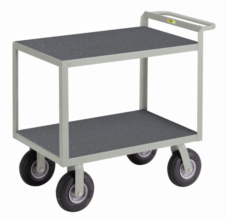 The Little Giant Instrument Cart with Hand Guard boasts a gray, two-tier design with sturdy hand guard and four black wheels. Its dark, non-slip shelves keep items secure during transport, making it an efficient solution for easy movement of supplies.
