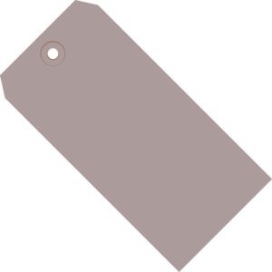 A blank, rectangular, brown luggage tag with a hole reinforcer lies diagonally against a white background. It resembles the MH-USA 4 3/4 x 2 3/8 Gray 13 Pt. Shipping Tags (1000/Case), noted for their durability and quality.