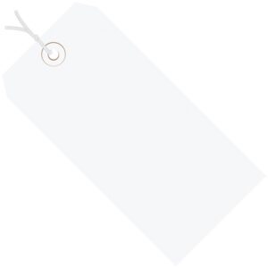 An MH-USA 4 3/4 x 2 3/8 white 13 pt. pre-strung shipping tag, featuring a circular hole with a metal ring, is isolated on a white background—ideal for efficient organizing and labeling.