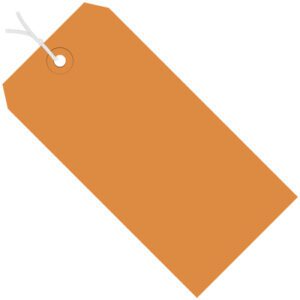 The MH-USA 5 3/4 x 2 7/8 orange shipping tag, featuring a sturdy 13 Pt. construction and pre-strung white string through a corner hole, is set against a plain white background. Comes in a convenient set of 1000 per case.