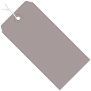 A blank, brown rectangular tag with a small circular hole and white string resembles the MH-USA 6 1/4 x 3 1/8 Gray Shipping Tags, Pre-Strung (1000/Case), and is placed diagonally on a crisp white background.