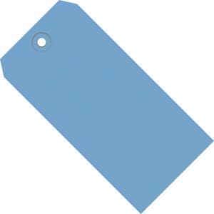 The MH-USA 8 x 4 Dark Blue 13 Pt. Shipping Tag (500/Case) showcases a blue rectangular shape with a metal-reinforced circular hole at the top left, oriented diagonally from bottom left to top right.