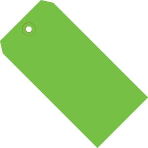 A diagonally displayed MH-USA 8 x 4 green shipping tag with a hole for attachment, featuring clipped corners at one end, is shown. This blank tag is ideal for shipping needs and comes in a case of 500.