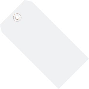 The MH-USA 8 x 4 white shipping tags are crafted from durable 13 Pt. material, featuring a reinforced ring around the hole and a convenient angled design, available in packs of 500 per case.