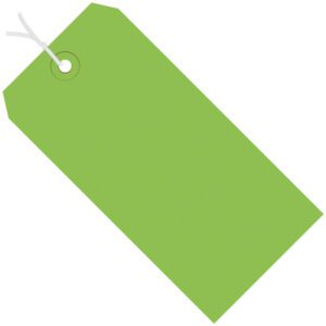 The MH-USA 8 x 4 green shipping tag from the 13 Pt. collection features a small top hole with an attached white string. Its plain, rectangular, and pre-strung, available in cases of 500 for efficient use.