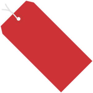 The large red rectangular tag, like the MH-USA 8 x 4 Red 13 Pt. Shipping Tags - Pre-Strung (500/Case), has an angled corner cut and a circular hole with a white string through it at the top left.
