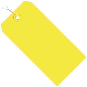 The MH-USA 8 x 4 Yellow 13 Pt. Shipping Tags have a large rectangular design with a small round reinforcement, pre-wired with a top left string, and come packaged in a convenient case of 500.