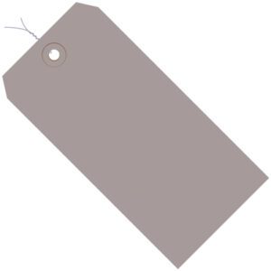 A blank, rectangular brown paper tag with a metal-reinforced hole and threaded string resembles the MH-USA 8 x 4 Gray 13 Pt. Shipping Tags - Pre-Wired (500/Case), displayed at a slight angle to highlight its practicality and design.
