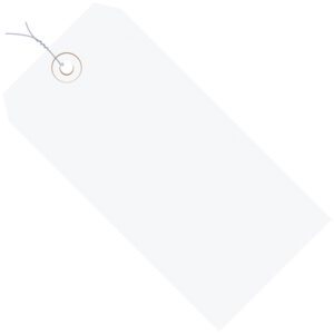The MH-USA 8 x 4 White 13 Pt. Shipping Tag has a blank rectangular design with rounded corners, pre-wired for convenience, and features a brown reinforcement around the hole for durability, all set on a white background ideal for package labeling. (500/Case).